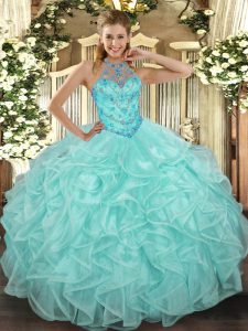 Apple Green Organza Lace Up Halter Top Sleeveless Floor Length 15 Quinceanera Dress Beading and Ruffles