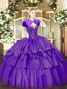Inexpensive Sweetheart Sleeveless Quince Ball Gowns Floor Length Beading and Ruffled Layers Purple Organza and Taffeta