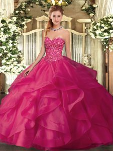Clearance Hot Pink Sweetheart Lace Up Beading and Ruffles Ball Gown Prom Dress Sleeveless