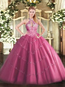 High Class Hot Pink Tulle Lace Up Sweet 16 Dresses Sleeveless Floor Length Lace and Appliques