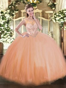 Ball Gowns Sweet 16 Quinceanera Dress Peach Scoop Tulle Sleeveless Floor Length Lace Up