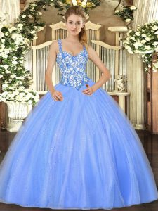Baby Blue Ball Gowns Beading and Appliques Vestidos de Quinceanera Lace Up Organza Sleeveless Floor Length