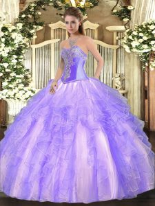 Floor Length Lace Up Sweet 16 Dresses Lavender for Military Ball and Sweet 16 and Quinceanera with Beading and Ruffles
