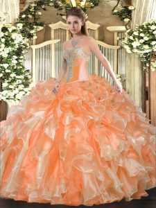 Orange Sleeveless Beading and Ruffles Floor Length Sweet 16 Quinceanera Dress