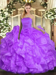 Vintage Lavender Quinceanera Gown Military Ball and Sweet 16 and Quinceanera with Ruffles Strapless Sleeveless Lace Up