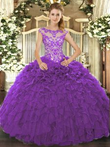 Purple Lace Up Scoop Beading and Ruffles and Hand Made Flower Sweet 16 Dress Organza Cap Sleeves