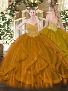 Floor Length Lace Up Sweet 16 Dresses Gold for Military Ball and Sweet 16 and Quinceanera with Beading and Ruffles