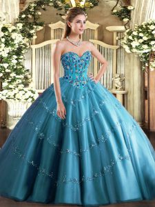 Great Teal Ball Gowns Sweetheart Sleeveless Tulle Floor Length Lace Up Appliques and Embroidery Sweet 16 Dresses