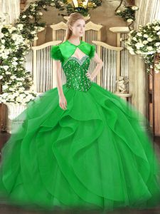 Adorable Green Tulle Lace Up Sweetheart Sleeveless Floor Length Quince Ball Gowns Beading and Ruffles