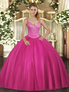 Fuchsia Tulle Lace Up Sweet 16 Dress Sleeveless Floor Length Beading