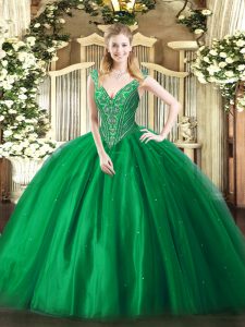 Pretty Floor Length Green Quinceanera Dress Tulle Sleeveless Beading