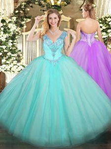 Smart Sleeveless Tulle Floor Length Lace Up Sweet 16 Dress in Aqua Blue with Beading