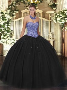 Ideal Black Tulle Lace Up 15 Quinceanera Dress Sleeveless Floor Length Beading