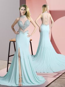 Perfect Sleeveless Chiffon Sweep Train Zipper Prom Party Dress in Aqua Blue with Beading