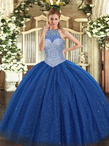 Ball Gowns Sweet 16 Quinceanera Dress Royal Blue Halter Top Tulle Sleeveless Floor Length Lace Up