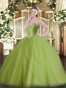 Olive Green Ball Gowns Tulle Sweetheart Sleeveless Beading Lace Up Ball Gown Prom Dress Brush Train