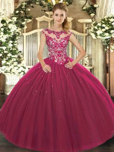 Designer Fuchsia Ball Gowns Beading and Appliques Ball Gown Prom Dress Lace Up Tulle Cap Sleeves Floor Length