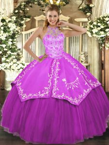 Edgy Fuchsia Sleeveless Satin and Tulle Lace Up Quinceanera Dresses for Military Ball and Sweet 16 and Quinceanera