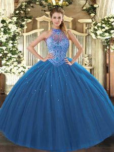 Extravagant Sleeveless Floor Length Beading and Embroidery Lace Up Sweet 16 Dresses with Navy Blue