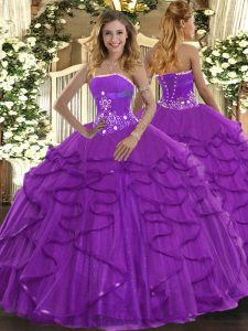 New Style Purple Ball Gowns Tulle Strapless Sleeveless Beading and Ruffles Floor Length Lace Up 15 Quinceanera Dress