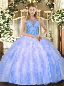 Blue Ball Gowns High-neck Sleeveless Organza Floor Length Lace Up Beading and Ruffles 15 Quinceanera Dress