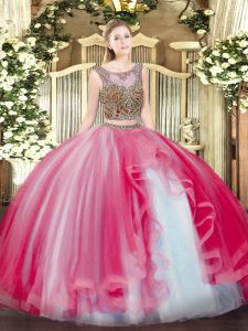 Sleeveless Tulle Floor Length Lace Up 15th Birthday Dress in Coral Red with Beading and Ruffles