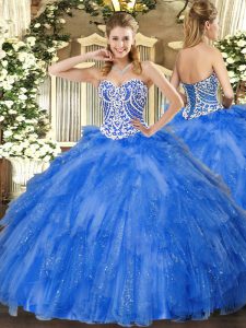 Pretty Blue Tulle Lace Up Sweetheart Sleeveless Floor Length Ball Gown Prom Dress Beading and Ruffles