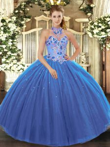 Eye-catching Blue Tulle Lace Up Halter Top Sleeveless Floor Length Quinceanera Gowns Embroidery