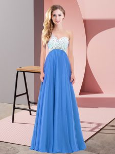 Suitable Sleeveless Floor Length Beading Criss Cross Dress for Prom with Blue