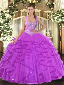 Lovely Eggplant Purple Sleeveless Floor Length Beading and Ruffles Lace Up 15th Birthday Dress