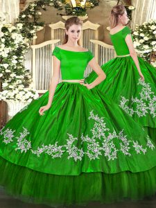 Embroidery Sweet 16 Dresses Green Zipper Short Sleeves Floor Length