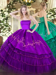 Gorgeous Sleeveless Organza and Taffeta Floor Length Zipper Quinceanera Dresses in Purple with Embroidery and Ruffled La
