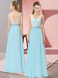 Empire Prom Party Dress Aqua Blue V-neck Chiffon Sleeveless Floor Length Backless