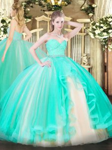 Apple Green Ball Gowns Sweetheart Sleeveless Tulle Floor Length Zipper Beading and Lace and Ruffles Ball Gown Prom Dress