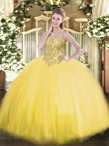 Tulle Sweetheart Sleeveless Lace Up Appliques Quinceanera Gowns in Gold
