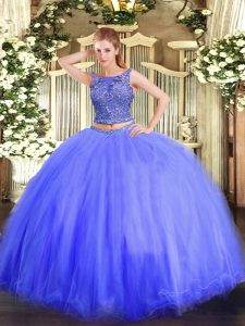 Chic Blue Sleeveless Beading Floor Length Quince Ball Gowns