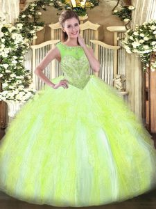 Most Popular Scoop Sleeveless Quinceanera Gown Floor Length Beading and Ruffles Yellow Green Organza