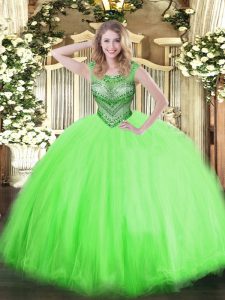 Glittering Tulle Lace Up Scoop Sleeveless Floor Length 15 Quinceanera Dress Beading
