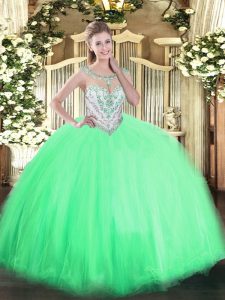 Fantastic Apple Green Ball Gowns Tulle Scoop Sleeveless Beading Floor Length Zipper Quince Ball Gowns