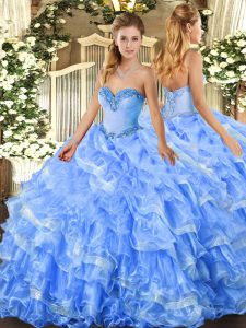 Fashion Baby Blue Ball Gowns Beading and Ruffled Layers Sweet 16 Dresses Lace Up Organza Sleeveless Floor Length
