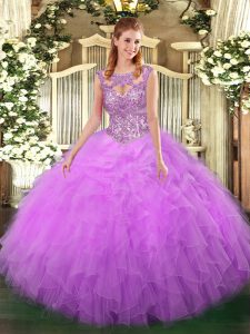 Admirable Lilac Lace Up 15th Birthday Dress Beading and Ruffles Sleeveless Floor Length