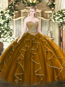 Enchanting Brown Tulle Lace Up Quinceanera Gown Sleeveless Floor Length Beading and Ruffles