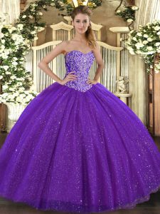 Purple Tulle Lace Up Sweetheart Sleeveless Floor Length 15 Quinceanera Dress Beading