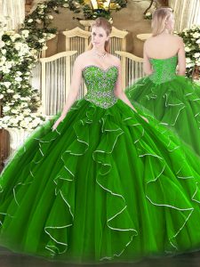 Sexy Green Sweetheart Neckline Beading and Ruffles Quince Ball Gowns Sleeveless Lace Up