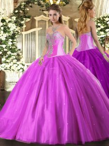 Fine Sleeveless Tulle Floor Length Lace Up Sweet 16 Dresses in Lilac with Beading