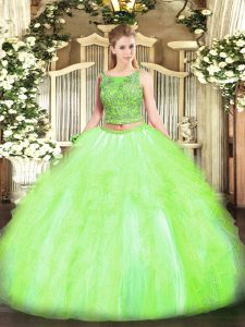 Sexy Yellow Green Two Pieces Scoop Sleeveless Tulle Floor Length Lace Up Beading and Ruffles Vestidos de Quinceanera