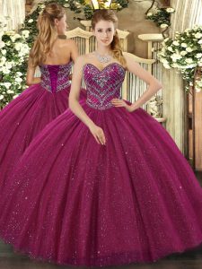 Fuchsia Ball Gowns Beading 15 Quinceanera Dress Lace Up Tulle Sleeveless Floor Length