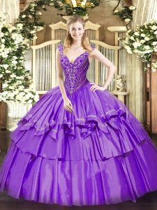 Exquisite Lavender Sweet 16 Dresses Military Ball and Sweet 16 and Quinceanera with Beading and Ruffled Layers V-neck Sl