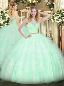 Apple Green Sleeveless Lace and Ruffles Floor Length Quince Ball Gowns