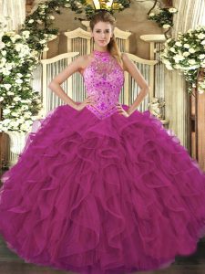 Modern Floor Length Fuchsia Quinceanera Gowns Organza Sleeveless Beading and Embroidery and Ruffles